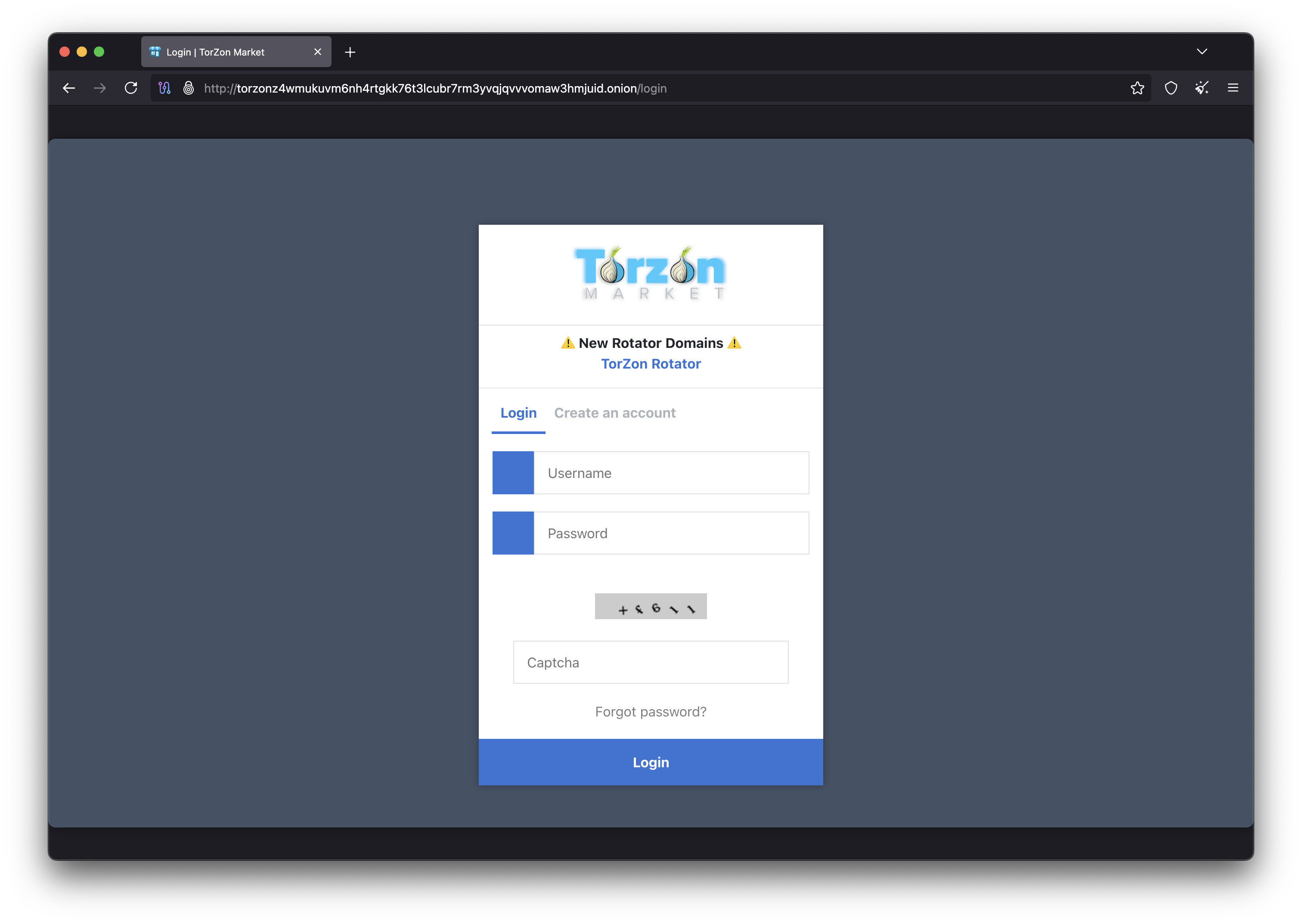 Torzon Market secure login page with anti-phishing verification