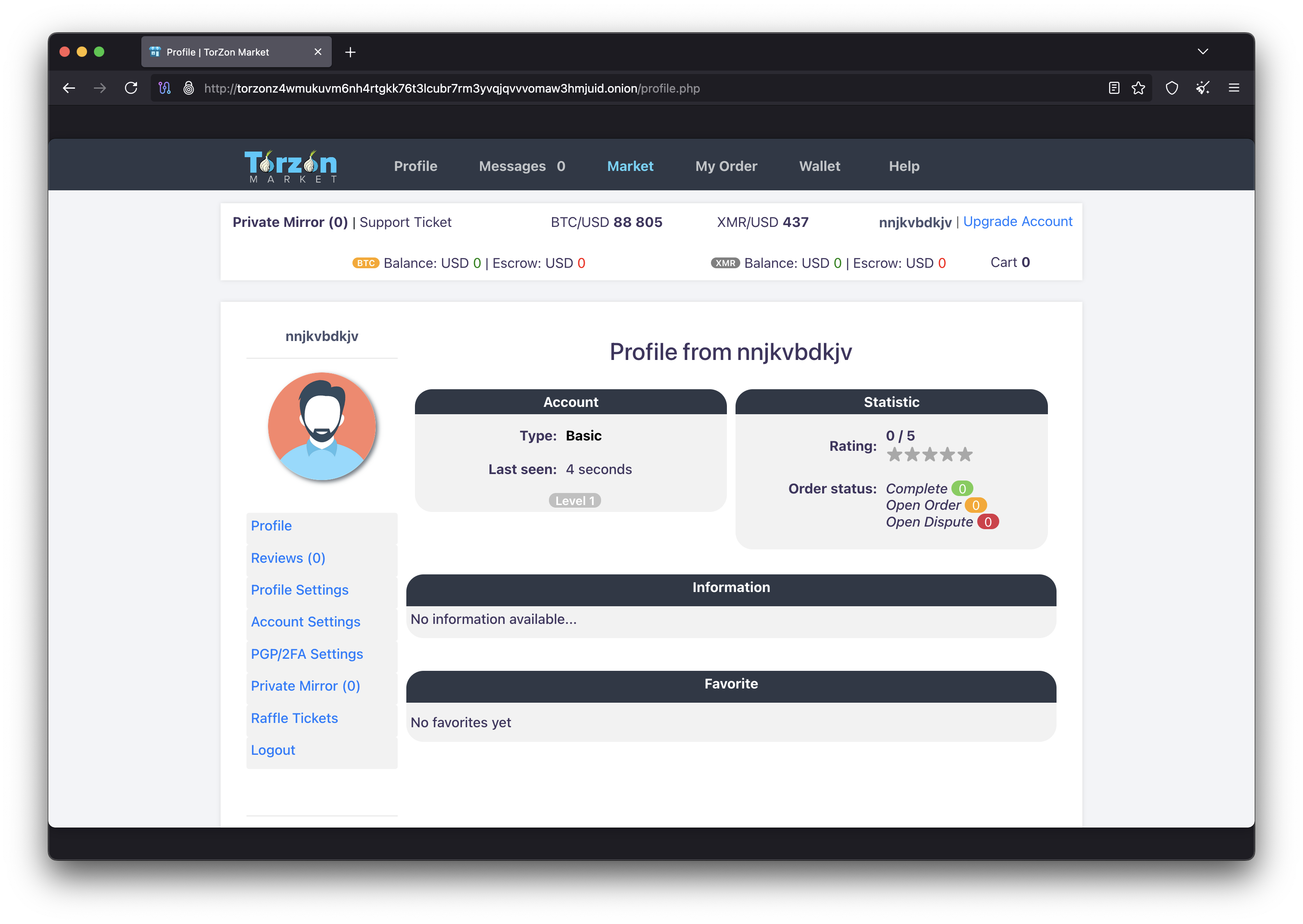 Torzon Market user profile and account settings page