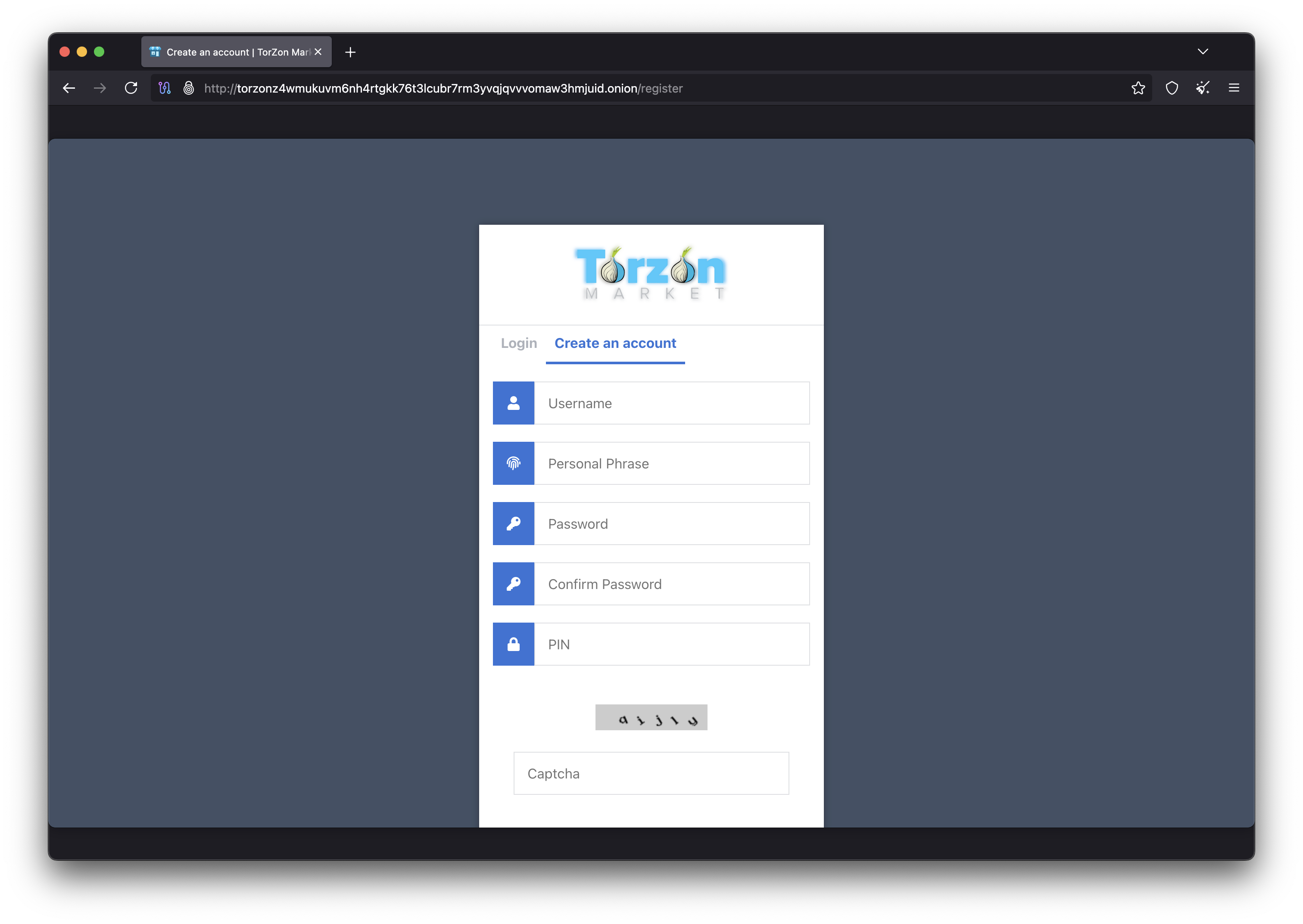 Torzon Market new user registration form