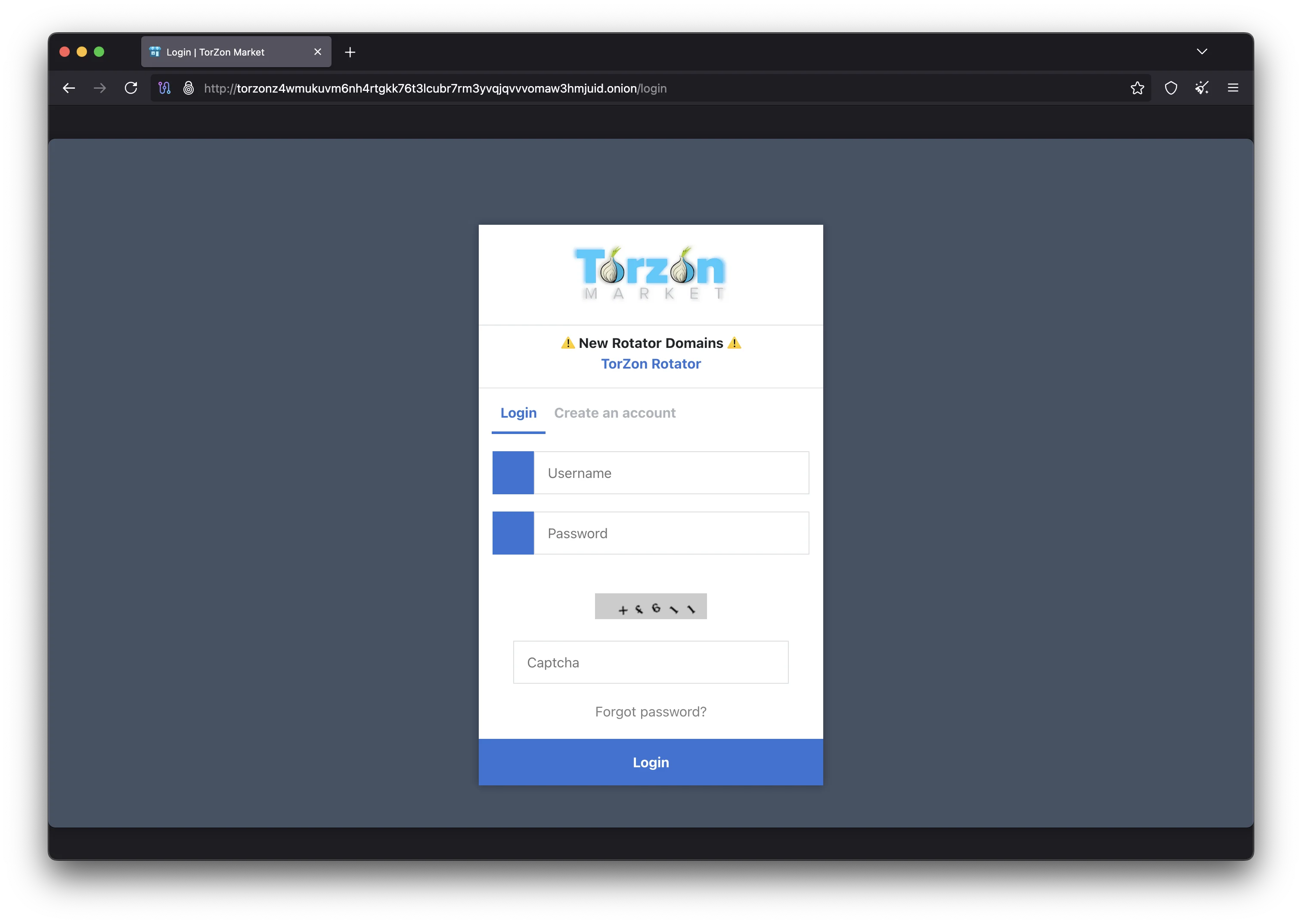 Torzon Market secure login page with anti-phishing verification