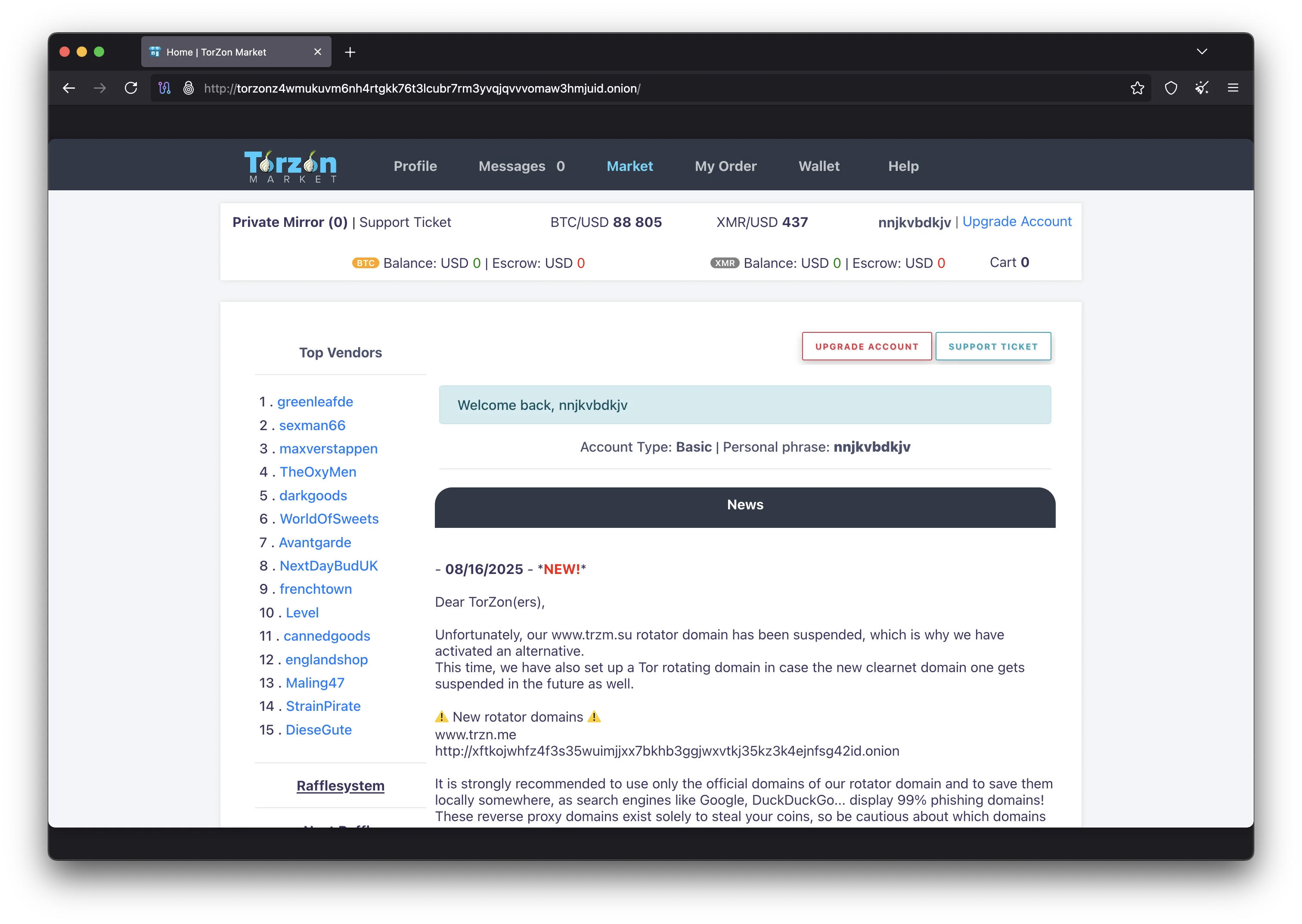 Torzon Market main dashboard showing vendor listings and marketplace interface