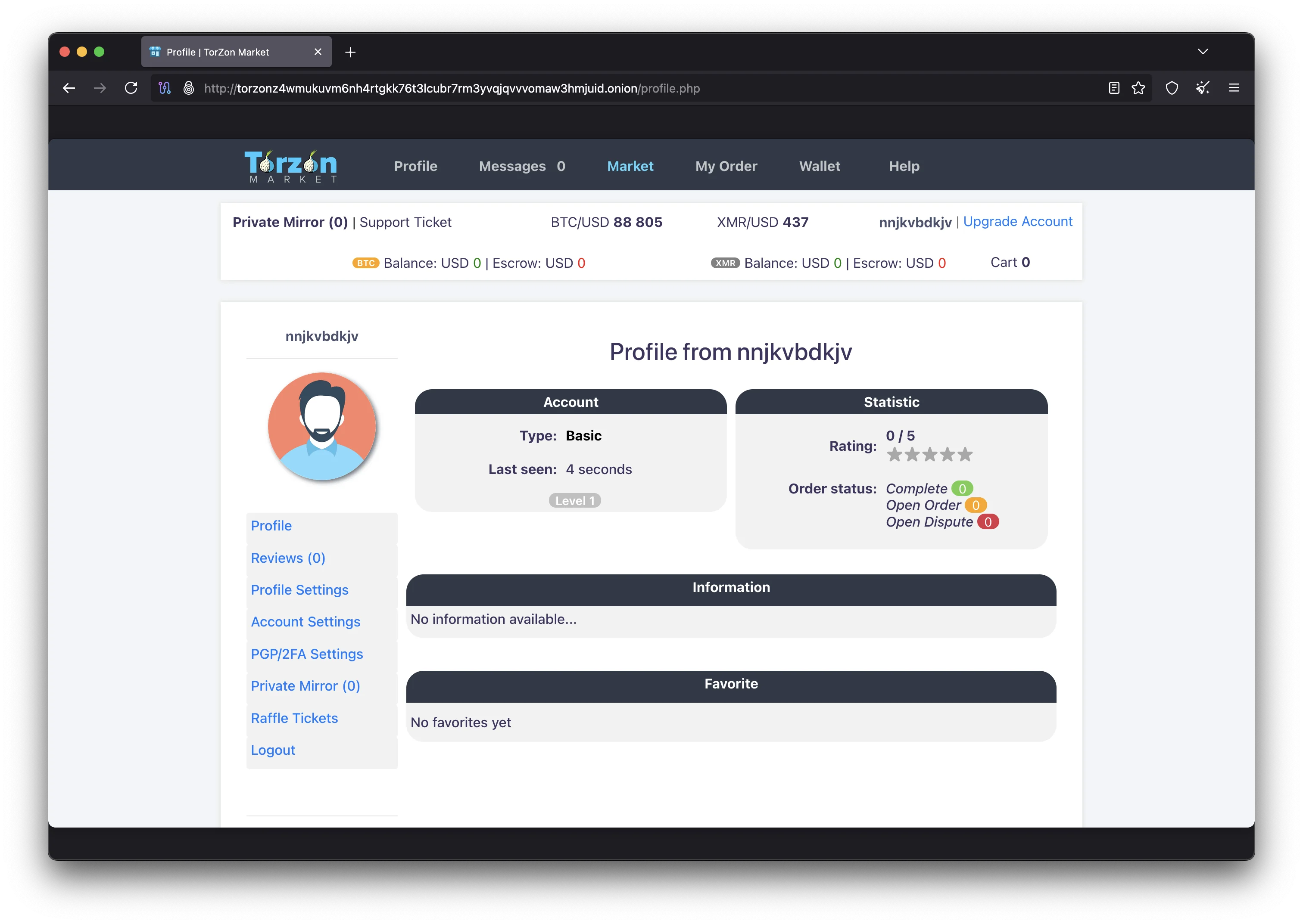 Torzon Market user profile and account settings page