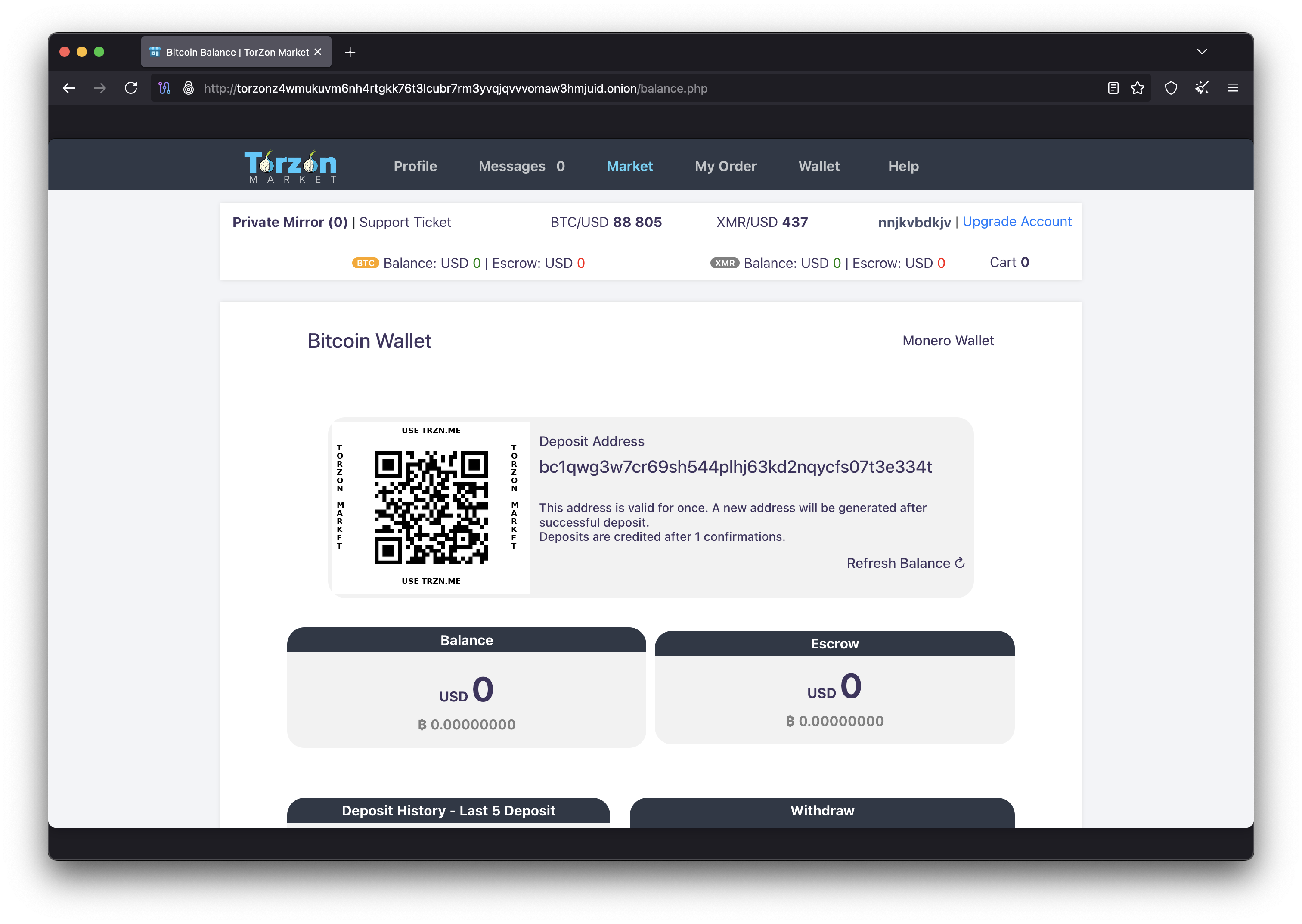 Torzon Market cryptocurrency wallet for Bitcoin and Monero